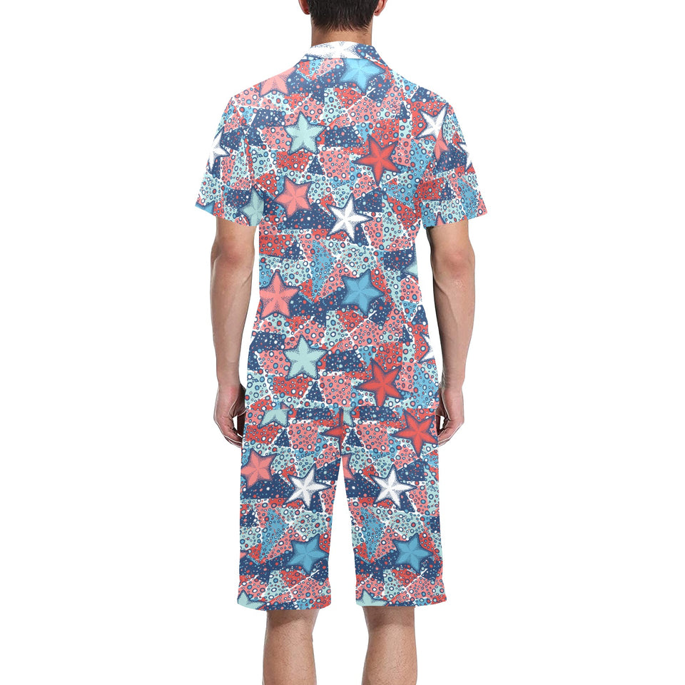 Hand drawn colorful starfish Men's V-Neck Short Pajama Set