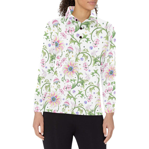 Beautiful pink lotus waterlily leaves pattern Women's Long Sleeve Polo Shirt