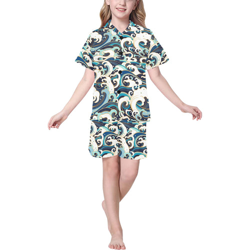 Japanese wave pattern Kids' Boys' Girls' V-Neck Short Pajama Set