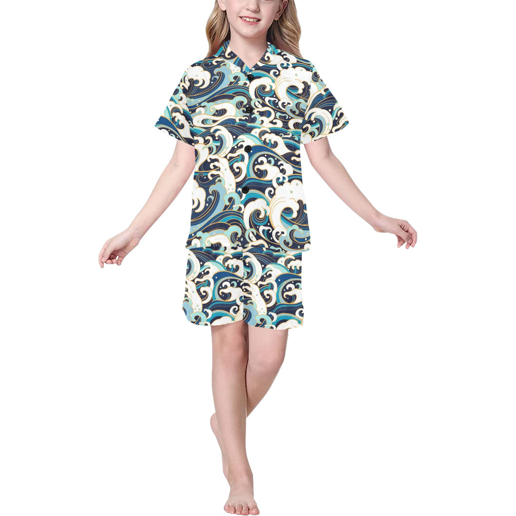 Japanese wave pattern Kids' Boys' Girls' V-Neck Short Pajama Set