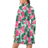 Watermelons tropical palm leaves pattern Women's Long Sleeve Belted Night Robe