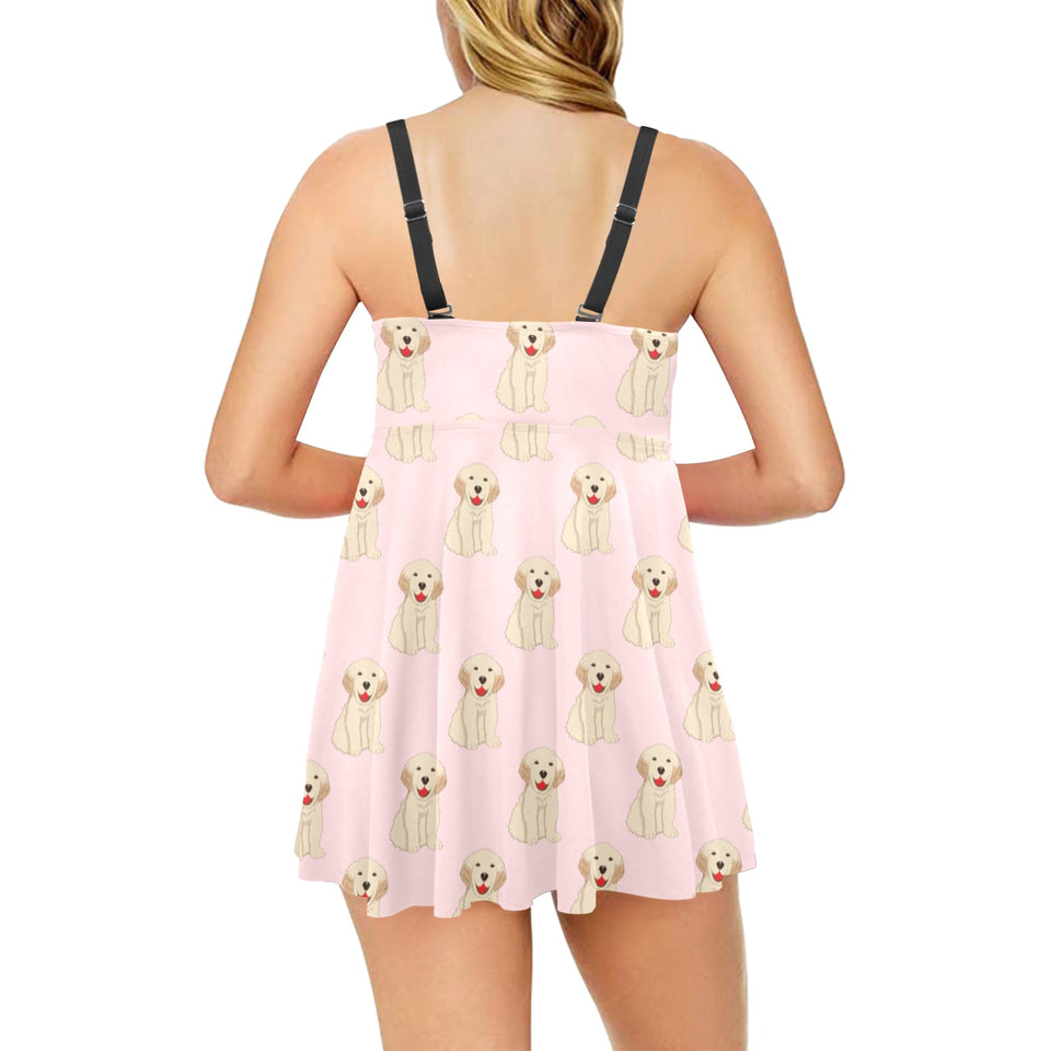 Golden Retriever Pattern Print Design 02 Chest Sexy Pleated Two Piece Swim Dress
