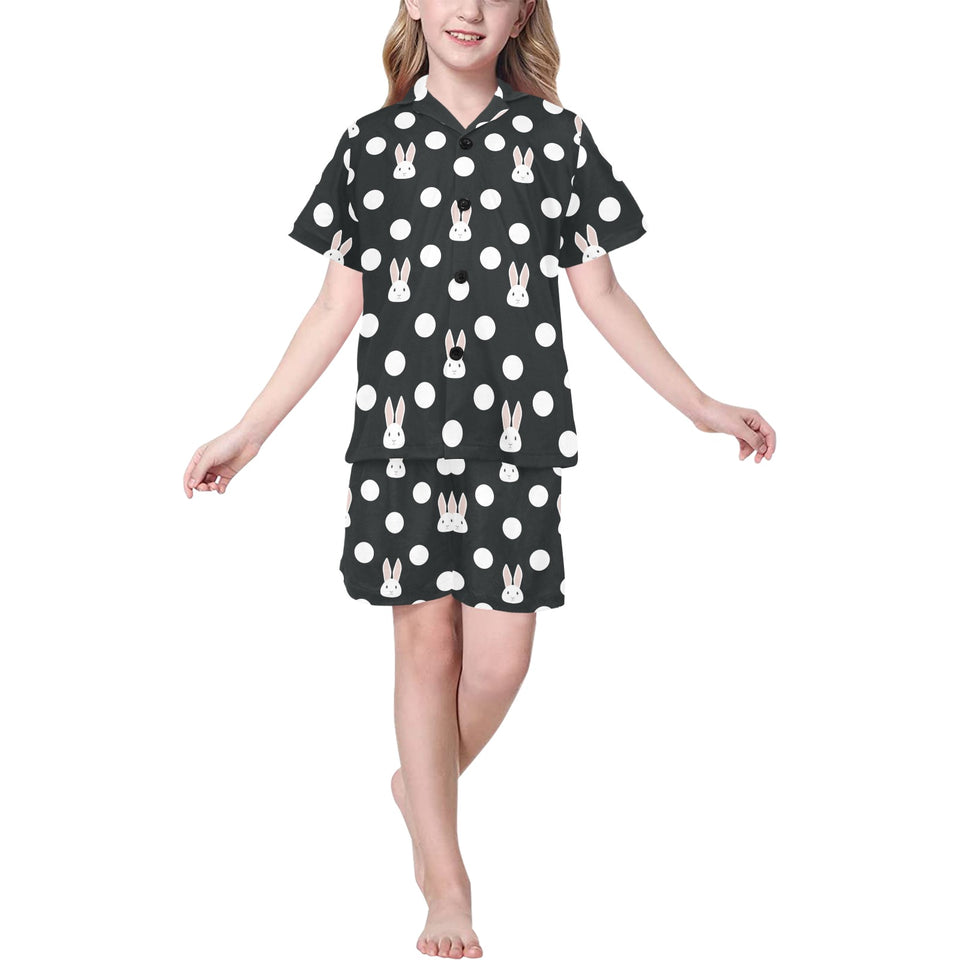 Cute white rabbit polka dots black background Kids' Boys' Girls' V-Neck Short Pajama Set
