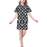 Cute white rabbit polka dots black background Kids' Boys' Girls' V-Neck Short Pajama Set