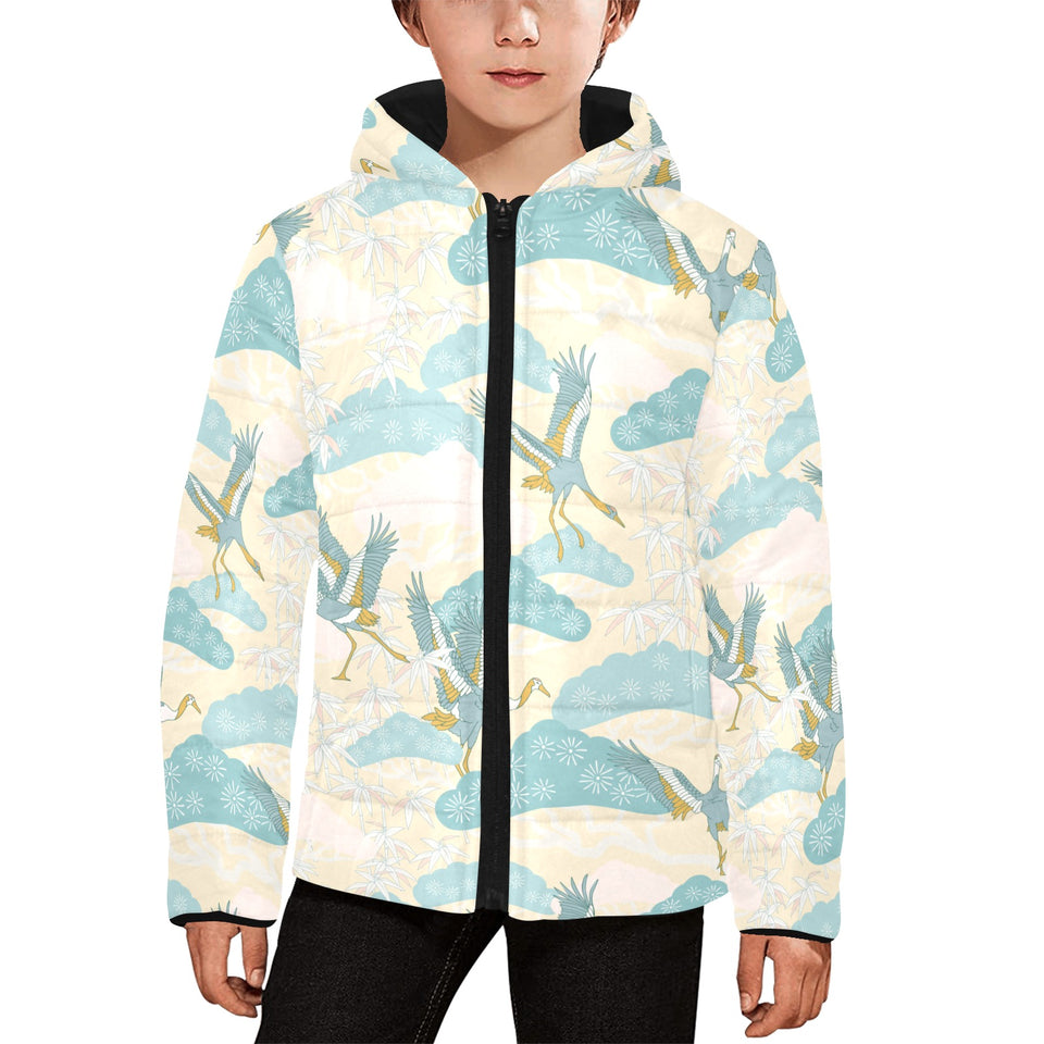 Bonsai bamboo stork japanese pattern cream theme Kids' Boys' Girls' Padded Hooded Jacket
