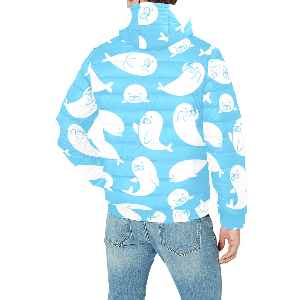 Cute white sea lion seals pattern Men's Padded Hooded Jacket