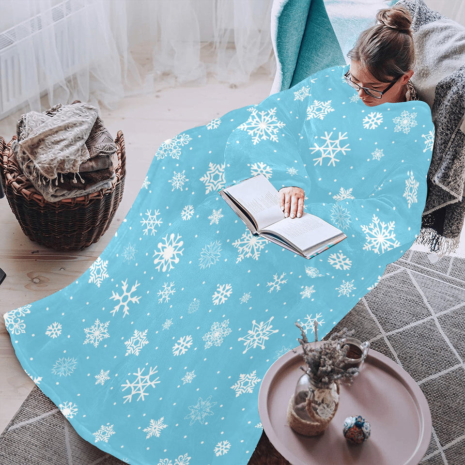 Snowflake pattern blue background Blanket Robe with Sleeves