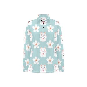 Maneki neko cat sakura Women's Long Sleeve Polo Shirt