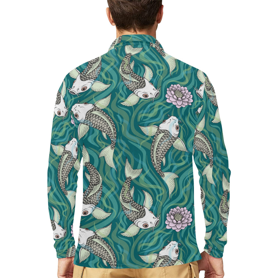 Koi Fish Carp Fish lotus pattern Men's Long Sleeve Polo Shirt