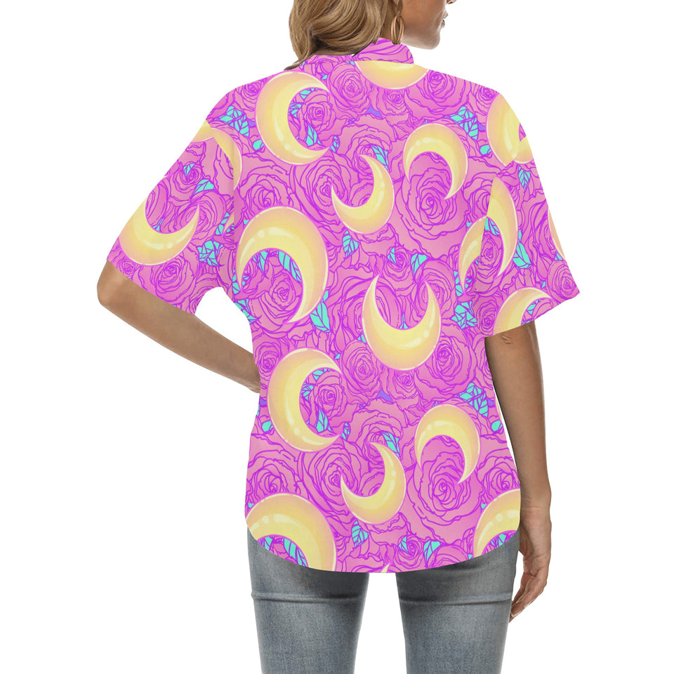 Moon pink rose background Women's All Over Print Hawaiian Shirt