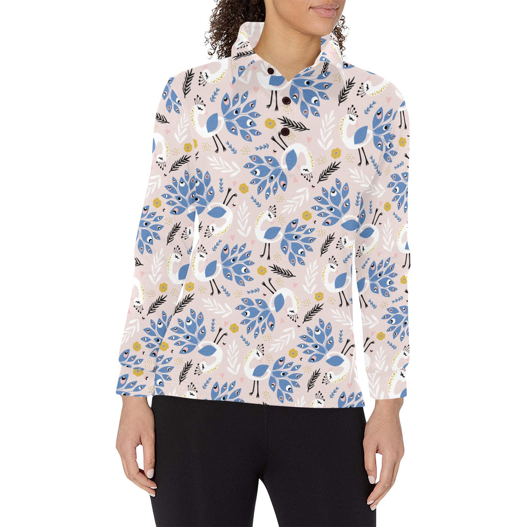 Cute peacock pattern Women's Long Sleeve Polo Shirt