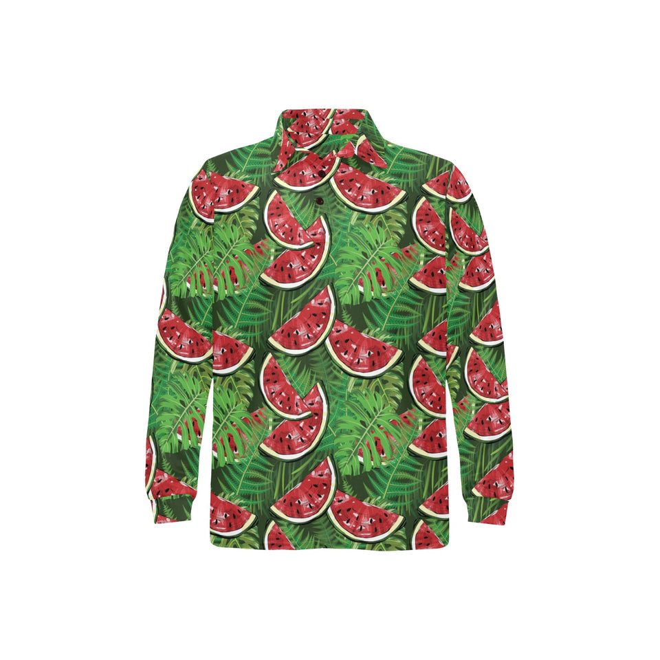 Watermelons tropical palm leaves pattern backgroun Men's Long Sleeve Polo Shirt