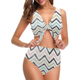 zigzag chevron paint pattern Chest Bowknot High Waisted Bikini Swimsuit