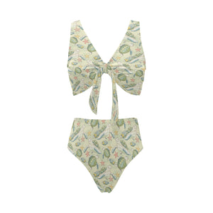 Hand drawn sea turtle fish pattern Chest Bowknot High Waisted Bikini Swimsuit