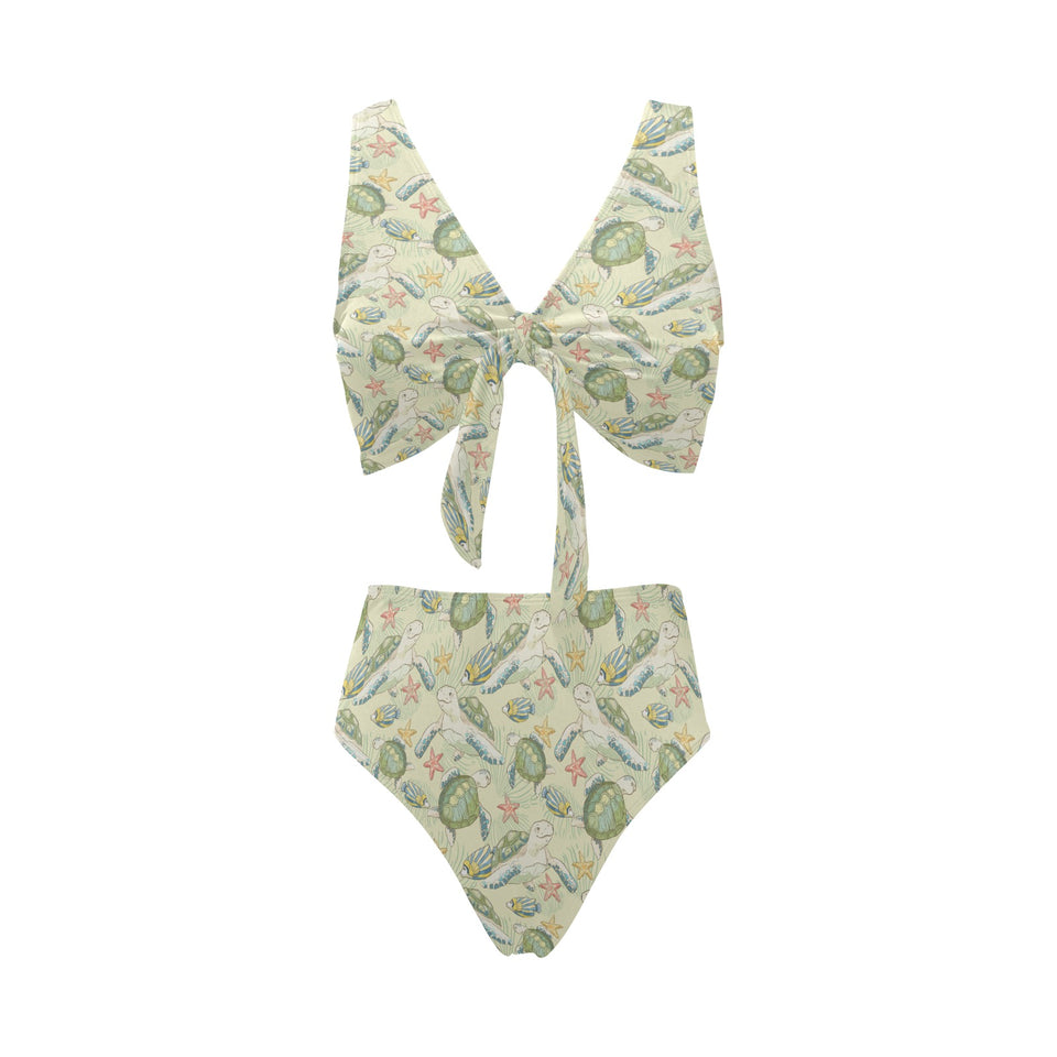 Hand drawn sea turtle fish pattern Chest Bowknot High Waisted Bikini Swimsuit