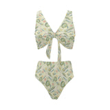 Hand drawn sea turtle fish pattern Chest Bowknot High Waisted Bikini Swimsuit