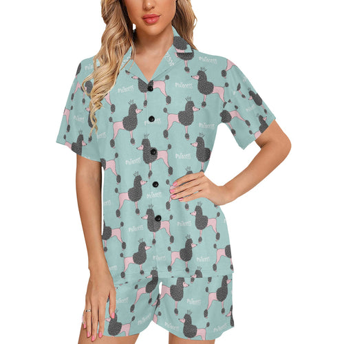 poodle dog green background Women's V-Neck Short Pajama Set