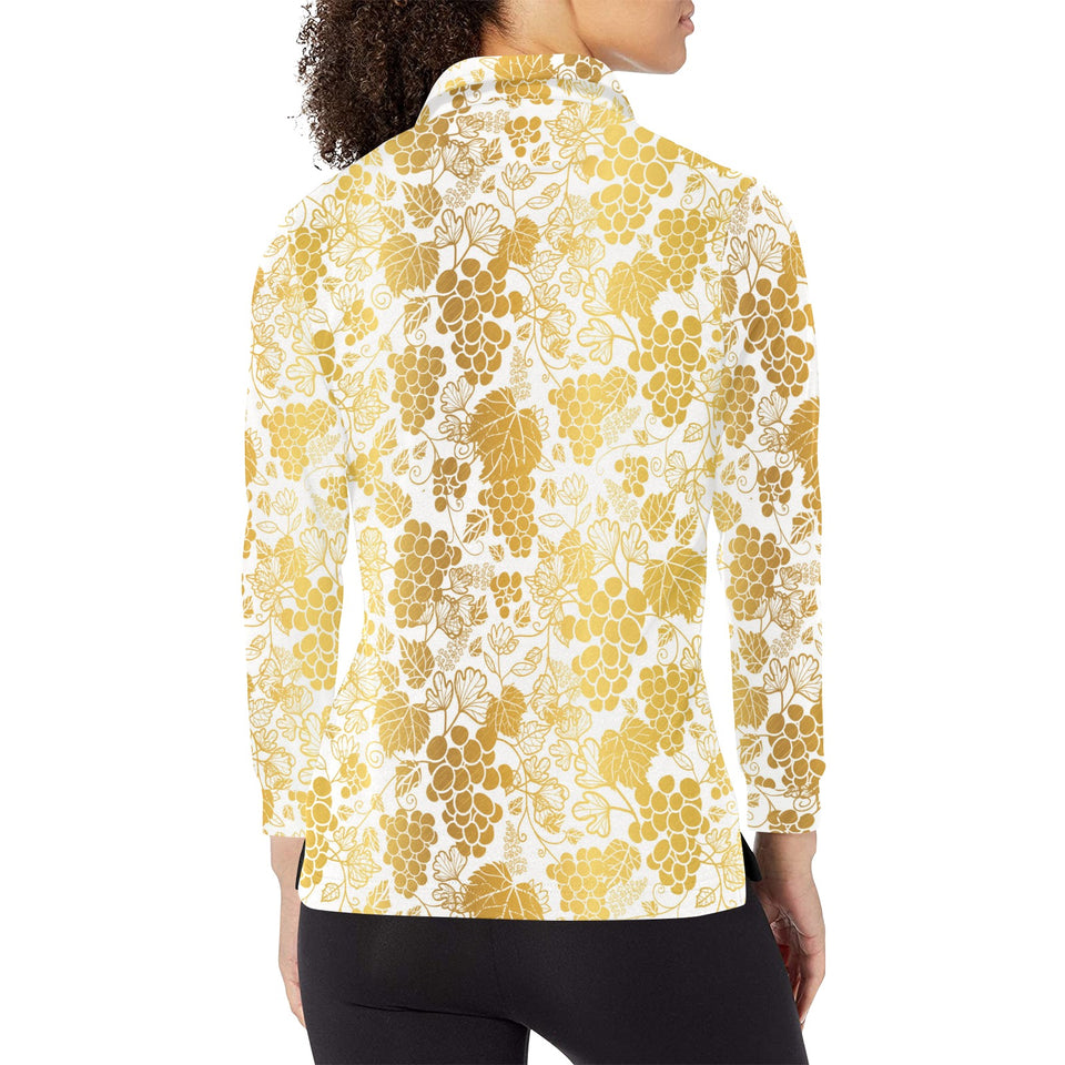 Gold grape pattern Women's Long Sleeve Polo Shirt