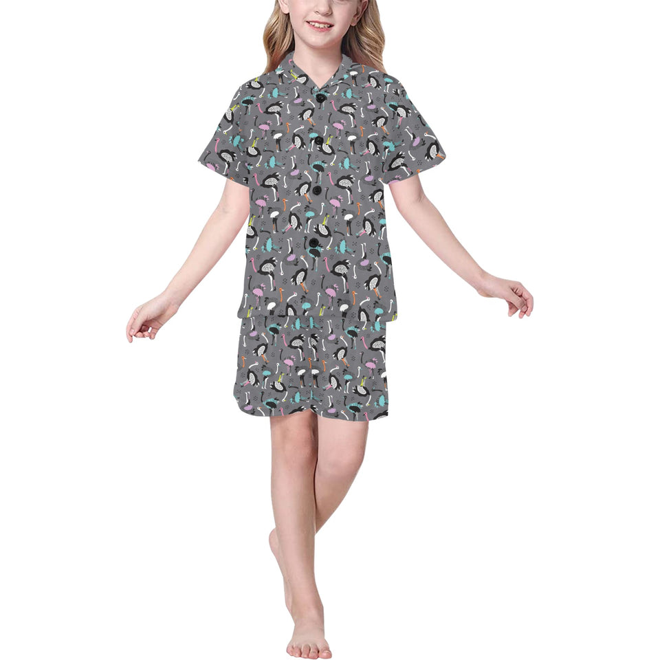 Ostrich Pattern Print Design 01 Kids' Boys' Girls' V-Neck Short Pajama Set