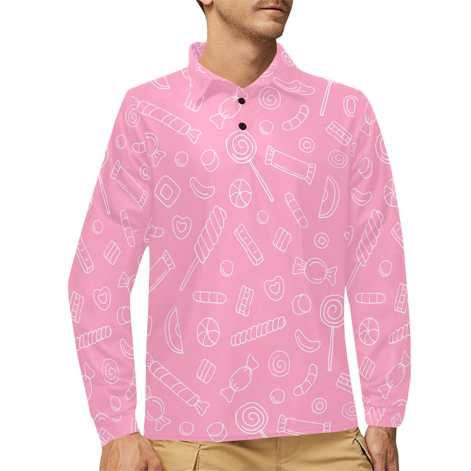 Sweet candy pink background Men's Long Sleeve Polo Shirt