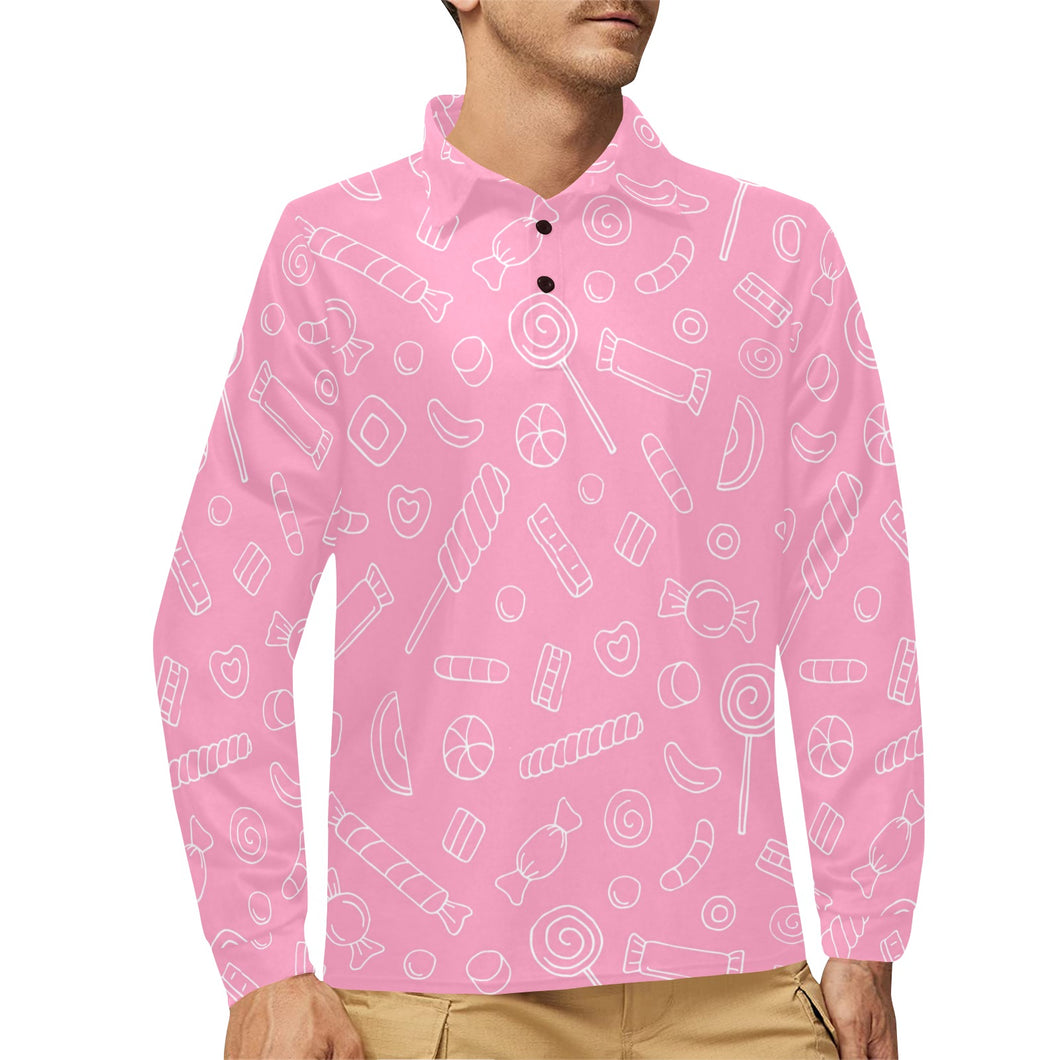 Sweet candy pink background Men's Long Sleeve Polo Shirt