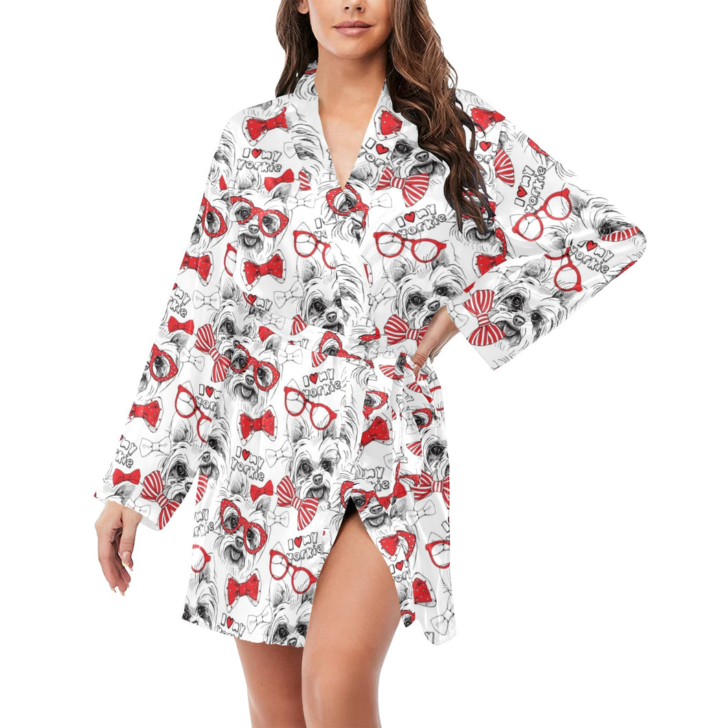 Yorkshire Terrier Pattern Print Design 04 Women's Long Sleeve Belted Night Robe