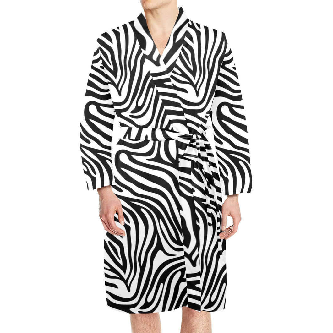 Zebra skin pattern Men's Long Sleeve Belted Night Robe