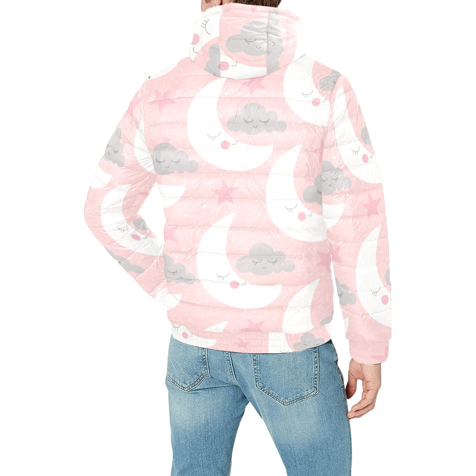Cute moon cloud star pattern pink dot background Men's Padded Hooded Jacket