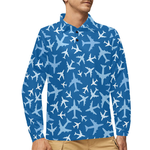 Airplane pattern in the sky Men's Long Sleeve Polo Shirt