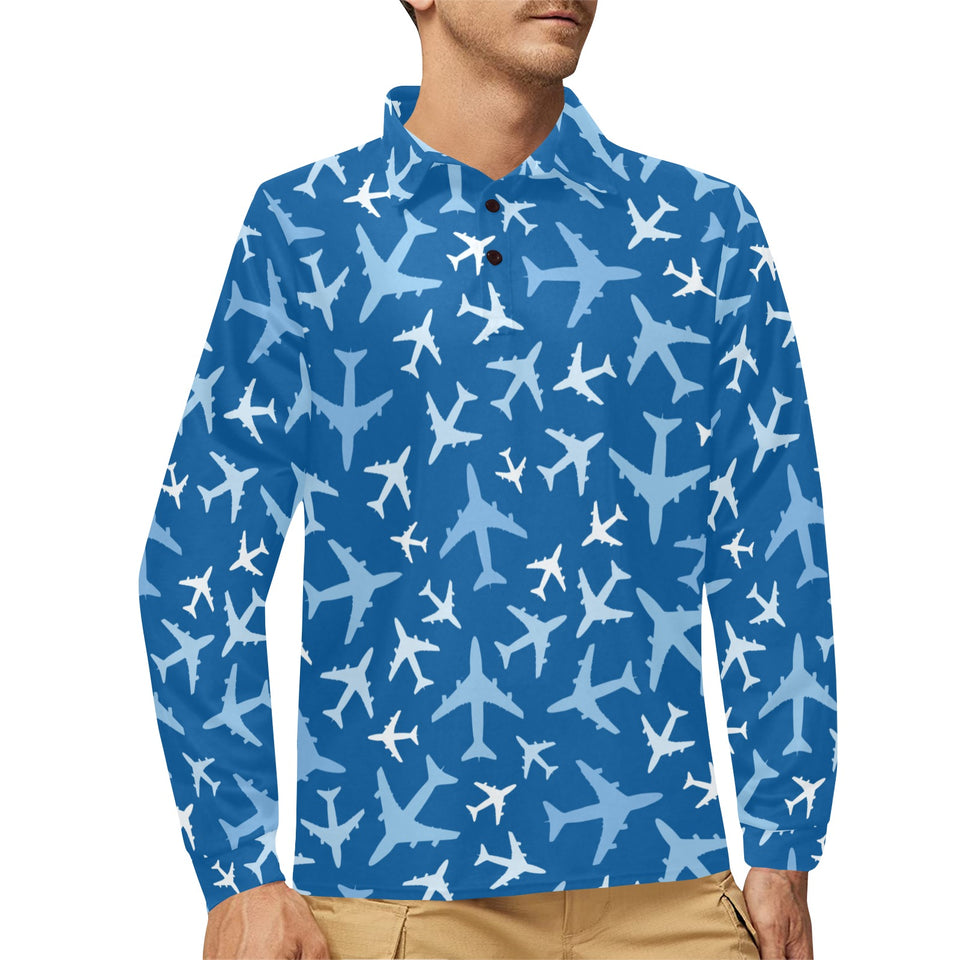 Airplane pattern in the sky Men's Long Sleeve Polo Shirt