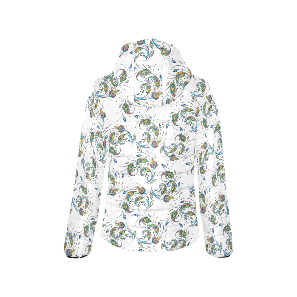 Peacock feather pattern Women's Padded Hooded Jacket