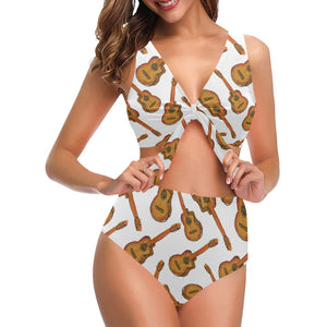 Paint Guitar Pattern Chest Bowknot High Waisted Bikini Swimsuit