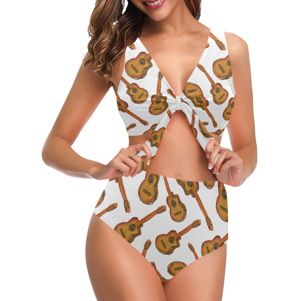Paint Guitar Pattern Chest Bowknot High Waisted Bikini Swimsuit