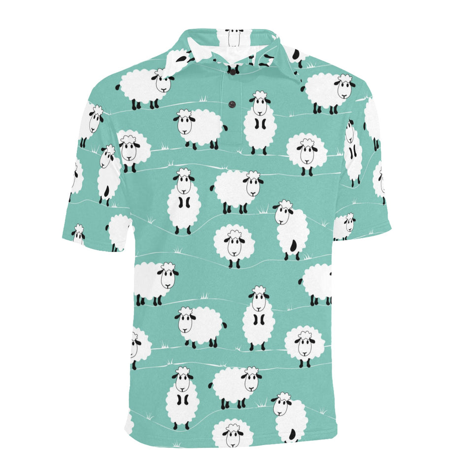 Cute sheep green background Men's All Over Print Polo Shirt