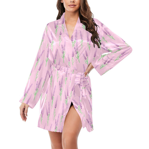 Lavender pattern pink background Women's Long Sleeve Belted Night Robe