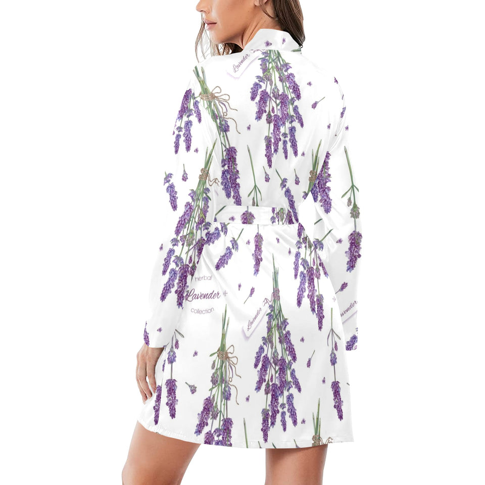 lavender flower design pattern Women's Long Sleeve Belted Night Robe