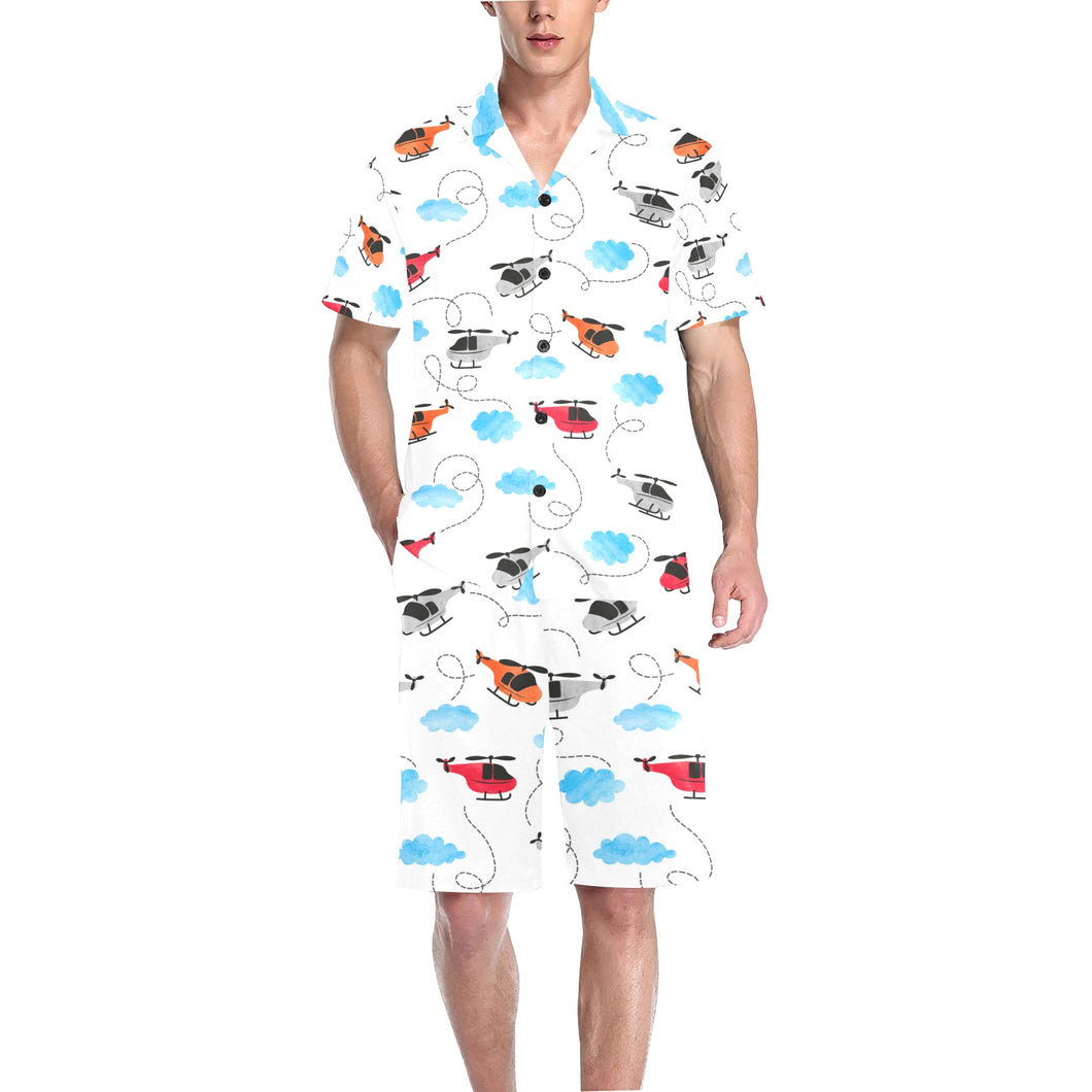 Watercolor helicopter cloud pattern Men's V-Neck Short Pajama Set