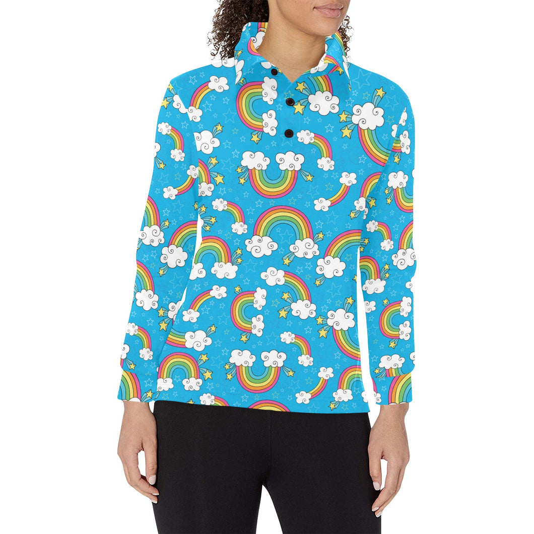 Rainbows Sky Clouds Pattern Women's Long Sleeve Polo Shirt