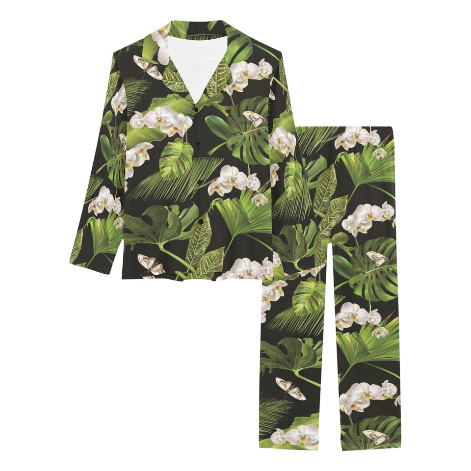 White orchid flower tropical leaves pattern blackg Women's Long Pajama Set