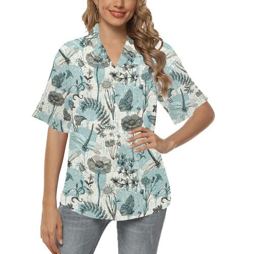 Dragonfly Butterfly Plants insect flower vintage s Women's All Over Print Hawaiian Shirt