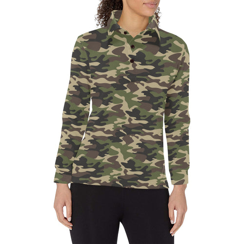 Dark Green camouflage pattern Women's Long Sleeve Polo Shirt