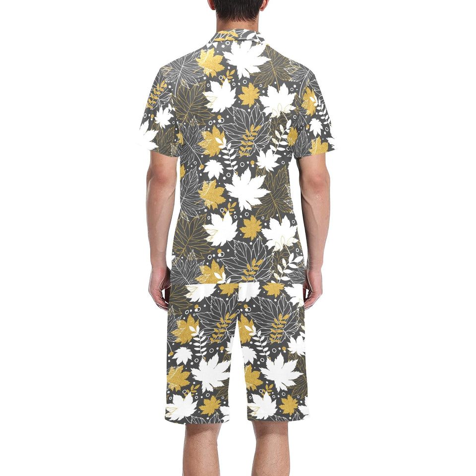 Beautiful gold autumn maple leaf pattern Men's V-Neck Short Pajama Set