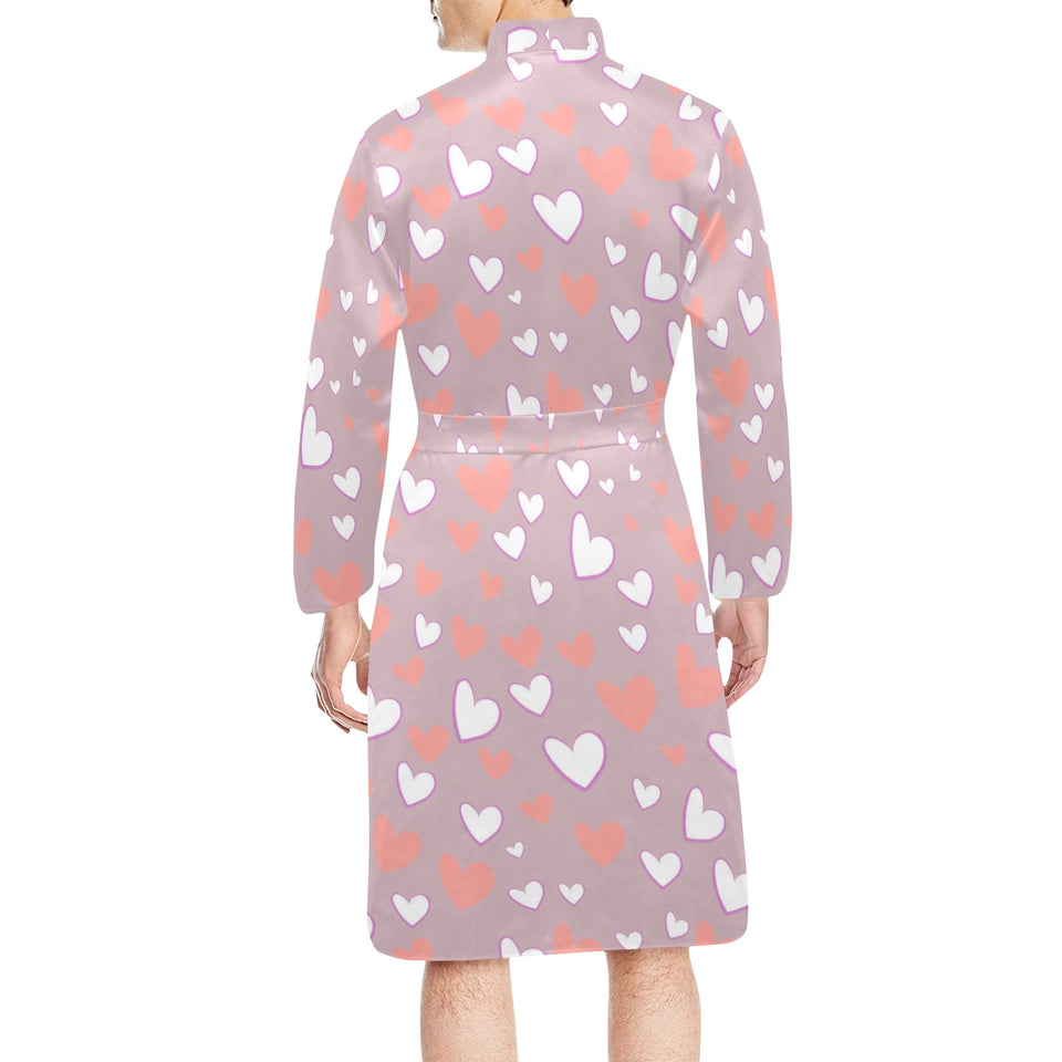 coral white heart pattern Men's Long Sleeve Belted Night Robe
