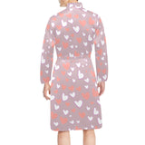 coral white heart pattern Men's Long Sleeve Belted Night Robe