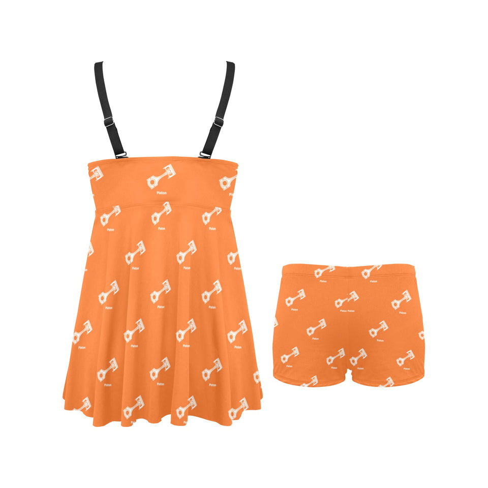 Engine Piston Orange Background Pattern Design 05 Chest Sexy Pleated Two Piece Swim Dress