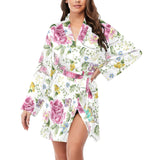 Hand drawn butterfly rose Women's Long Sleeve Belted Night Robe