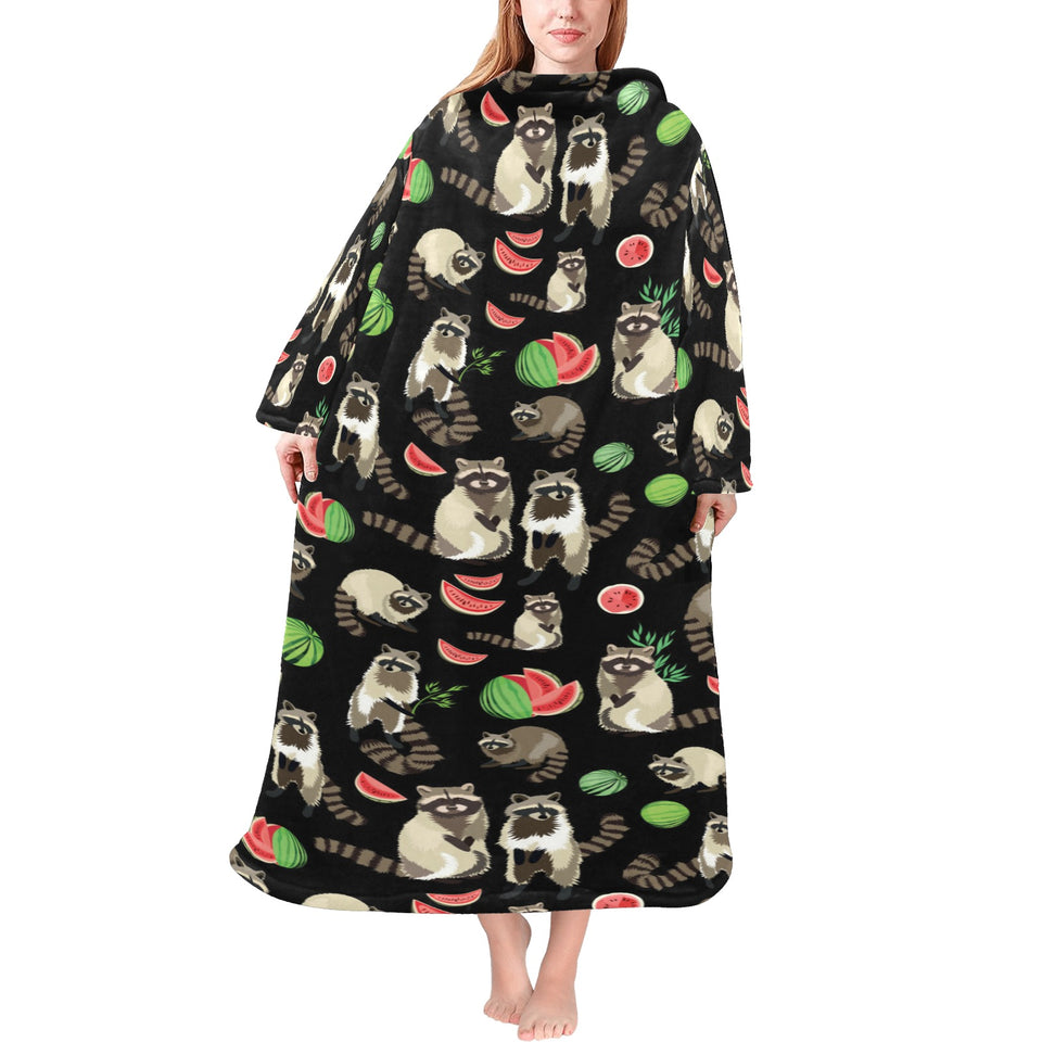 Raccoon watermelon pattern Blanket Robe with Sleeves