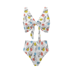 Siberian husky and colorful circle pattern Chest Bowknot High Waisted Bikini Swimsuit