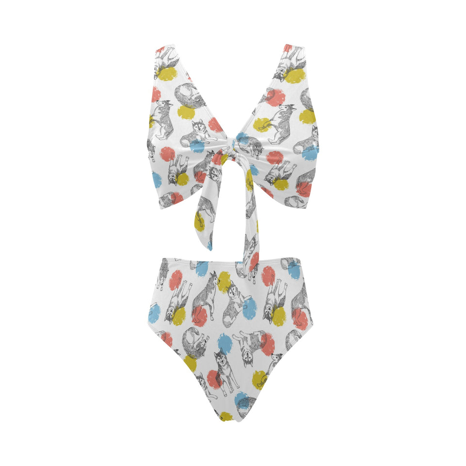 Siberian husky and colorful circle pattern Chest Bowknot High Waisted Bikini Swimsuit
