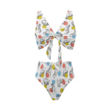Siberian husky and colorful circle pattern Chest Bowknot High Waisted Bikini Swimsuit